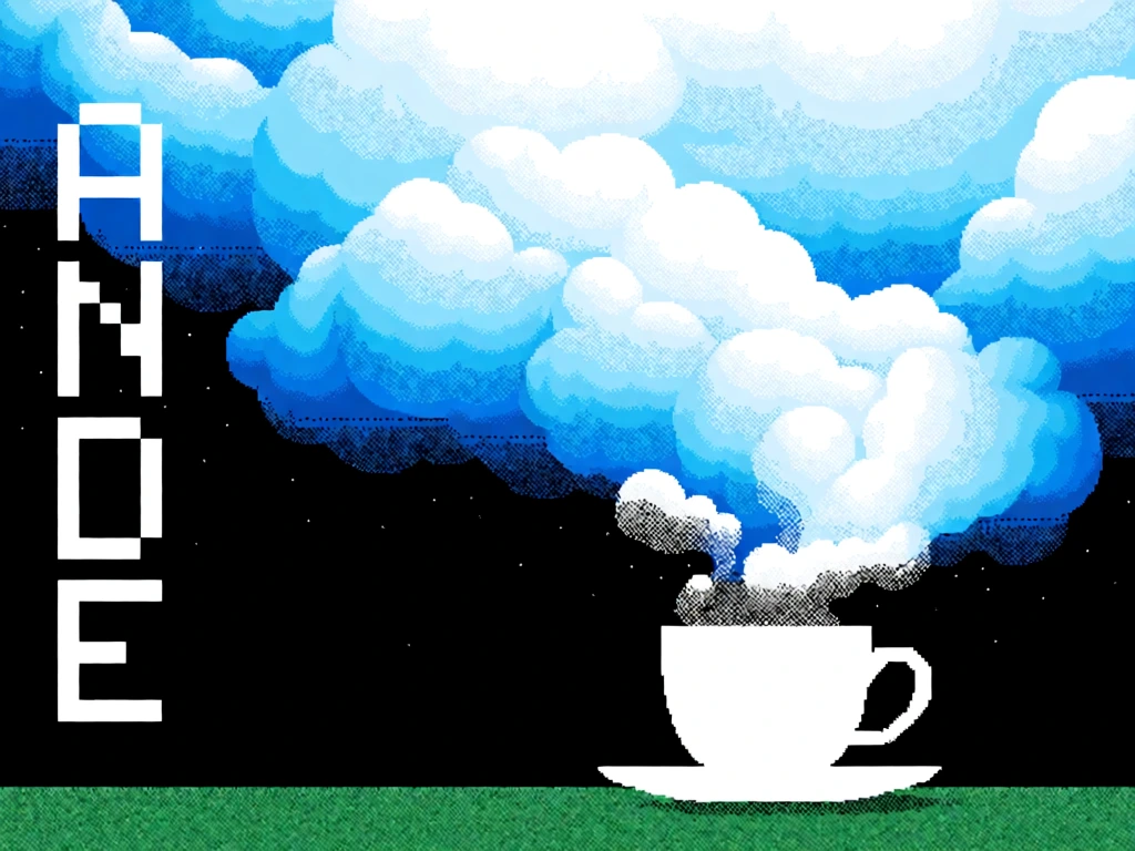 minimalist pixel art composition, matte ceramic coffee cup centered on a pixelated green foreground, wisps of white vapor rising into massive dithered cyan and white billowing clouds, deep black star-speckled sky background, high-contrast digital aesthetic, vibrant blue glows, clean blocky white typography on the left side, ethereal lo-fi atmosphere, nostalgic 8-bit aesthetic, sharp grid-based textures, vertical layout with a high-angle horizon.