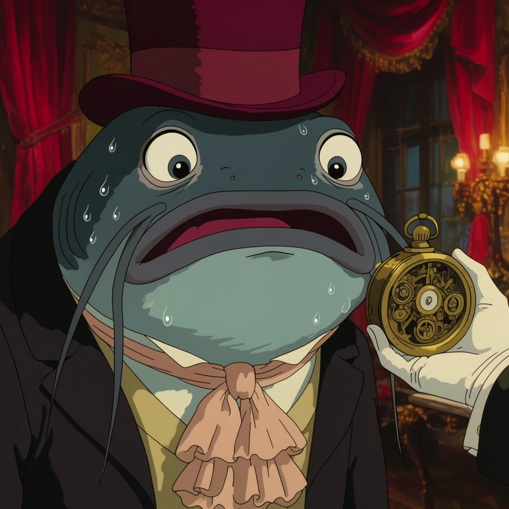 A massive, sweating anthropomorphic catfish in a burgundy top hat and ruffled cravat stares wide-eyed at a brass clockwork scarab held by a gloved hand. Beads of moisture glisten on the creature's whiskered face. The scene is set in an opulent Victorian parlor with crimson drapes, rendered in a classic 2D animation style with warm ambient lighting.