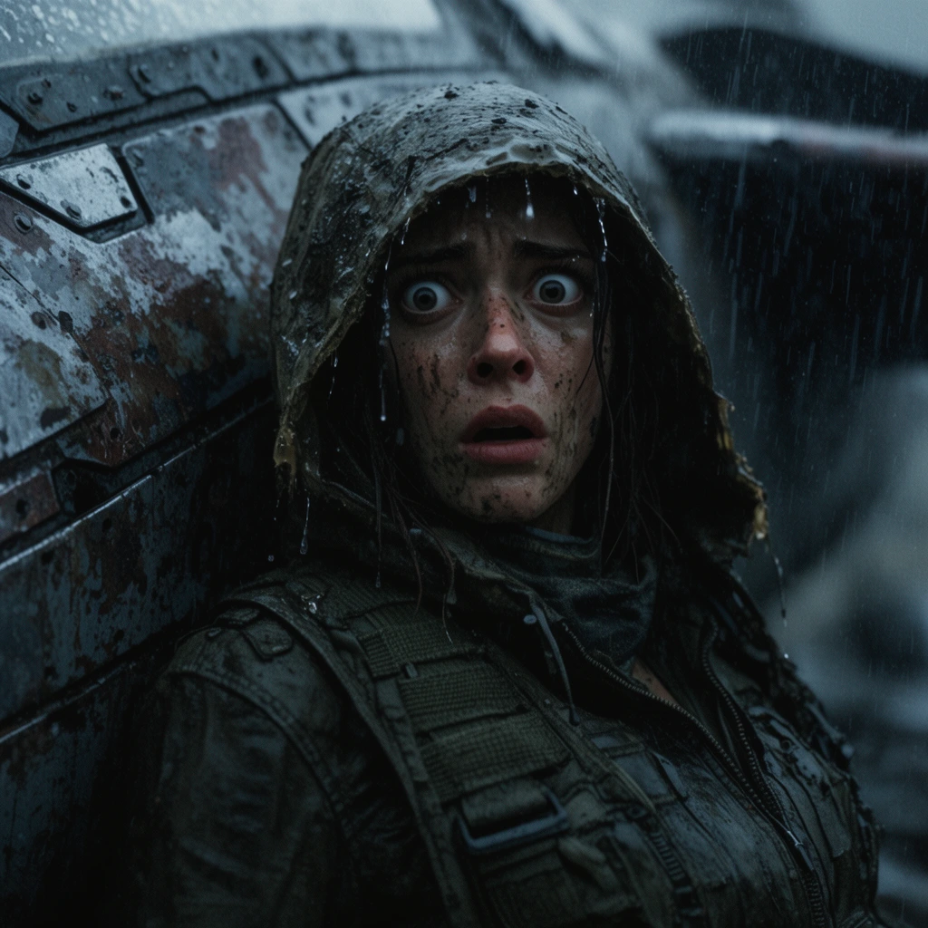 Close-up of a female scavenger, wide terrified eyes showing intense shock, heavy downpour, rainwater dripping from her muddy face and a battered hooded cowl, dark olive tactical jacket with heavy webbing, leaning against the rusted gunmetal hull of a crashed futuristic dropship, dark blurred background, gritty cinematic lighting, desaturated cool blue and grey color palette, deep shadows, prominent film grain, shallow depth of field