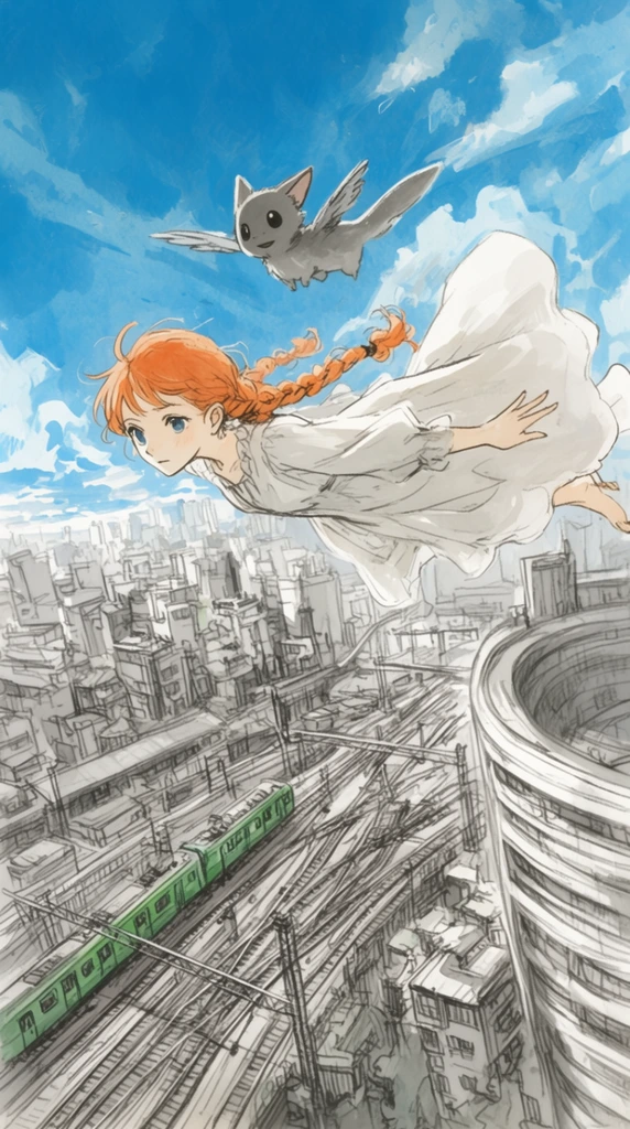A girl with long braided orange hair in a white dress flies horizontally alongside a small grey winged creature above a sprawling urban cityscape. Intricate train tracks with a green train and a massive curved building anchor the scene beneath a vibrant blue sky. This sketchy anime-style illustration features watercolor-like shading, blending muted grey architectural line-work with a dynamic aerial perspective.