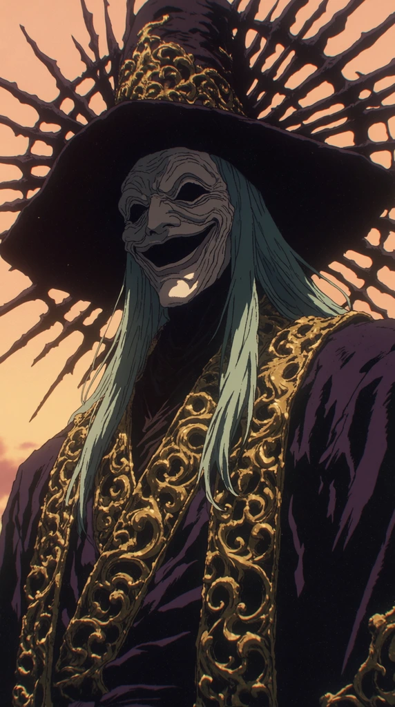 sinister figure wearing a deeply wrinkled white mask with a malicious wide grin, long pale teal hair, large dark wide-brimmed hat, dark purple robes heavily adorned with intricate raised gold filigree, chaotic halo of jagged black spikes radiating behind the head, pale orange sunset sky background, 90s dark fantasy anime aesthetic, cel-shaded, imposing low angle perspective, high contrast, muted retro colors, subtle film grain