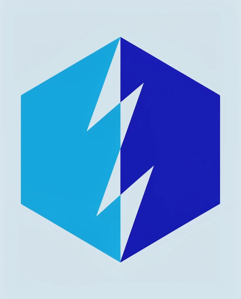 Minimalist geometric vector graphic, central hexagon formed by two separate angular polygons, bright cyan left half, deep royal blue right half, sharp diagonal interior cutouts creating a jagged vertical negative space, flat solid color fields, crisp clean edges, pale blue background, modern abstract design