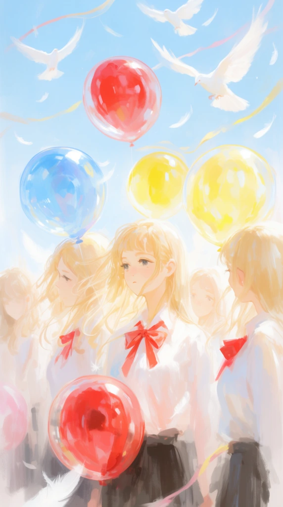 group of young women holding glossy transparent red blue and yellow balloons, ethereal digital painting, bright blue sky, blowing blonde hair, white shirt with red ribbon tie, flying white doves, falling feathers, faint streamers, high-key lighting, soft focus, loose painterly brushstrokes, dreamy pastel palette