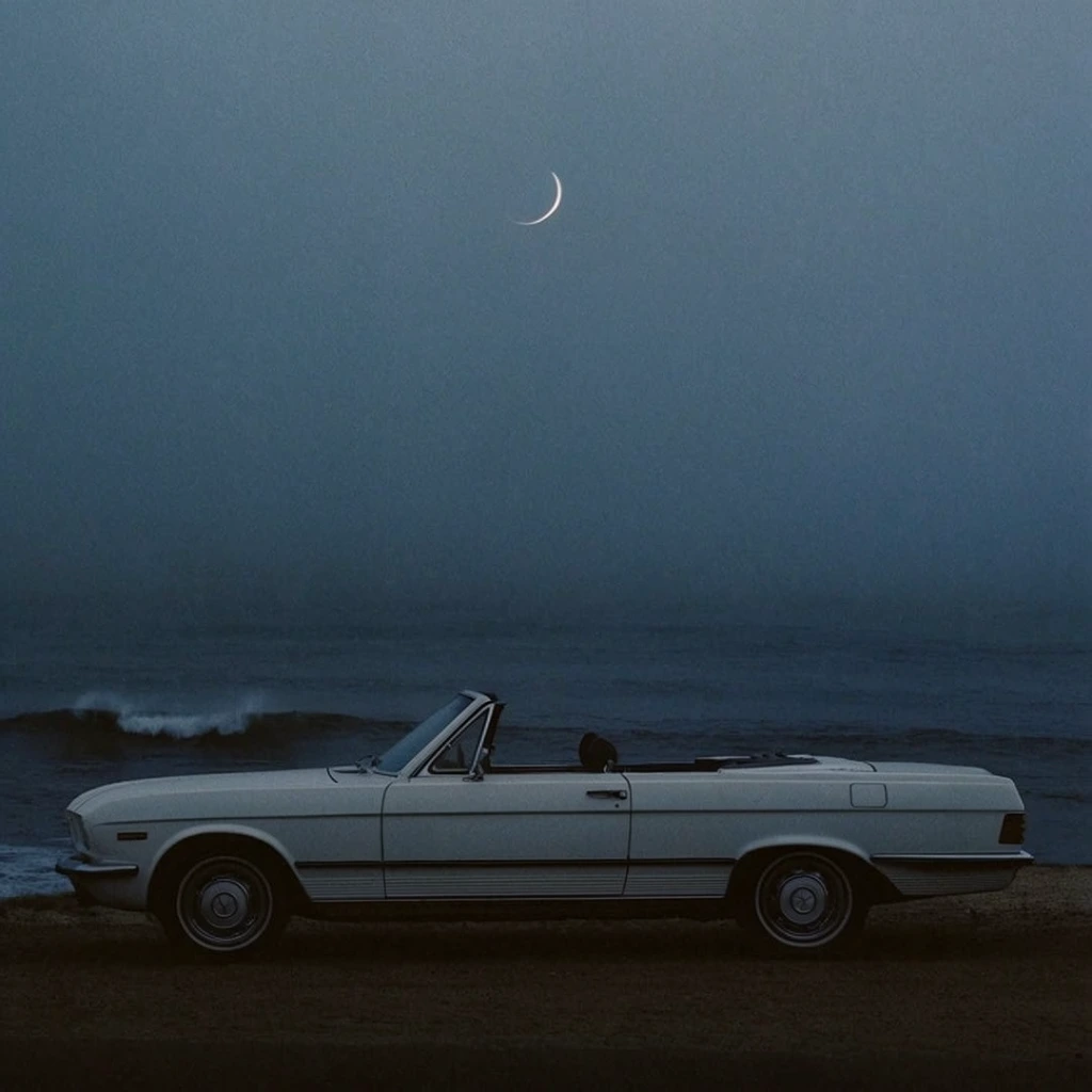 classic white vintage convertible in full side profile with top down, parked horizontally across the lower third, dark coastal setting at twilight, moody ocean with a faint cresting wave, vast heavy blue-grey misty sky, thin crisp crescent moon centered high above, low-key lighting, cool melancholic color palette, minimalist cinematic composition, underexposed analogue film aesthetic, fine grain