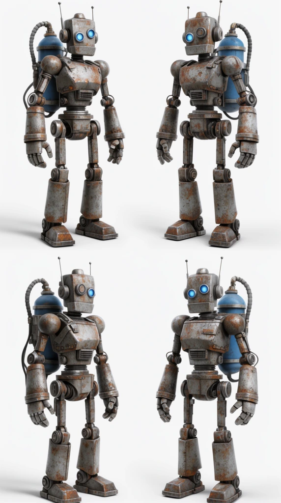 four-angle character turnaround sheet of a rusty humanoid robot, weathered grey metal plating with orange oxidation, blocky head, asymmetrical glowing blue eyes, antennae, mechanical backpack with a blue cylindrical tank and hoses, rigid standing posture, pure white background, soft drop shadows, 3D render, photorealistic textures, studio lighting, dieselpunk aesthetic