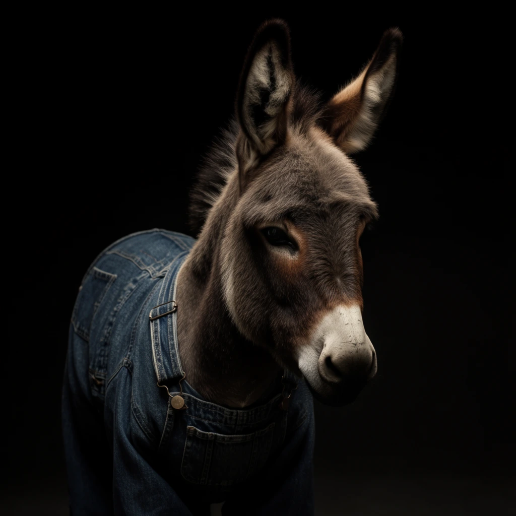 A young donkey wearing denim overalls, captured in a dramatic, high-contrast studio setting against a pitch-black background. The subject is illuminated by precise, directional spotlighting that sculpts the forms with stark chiaroscuro, creating deep, velvety shadows that seamlessly blend into the surrounding void. Subtle, warm ambient bounce light highlights the tactile textures of the woven denim fabric and the fine fur of the donkey, emphasizing a sophisticated matte finish across the visible surfaces. The composition is tightly framed and minimalist, employing a low-key aesthetic typical of high-end fine art portraiture, keeping the central focal point in hyper-sharp resolution while the extreme edges fade smoothly into absolute darkness.