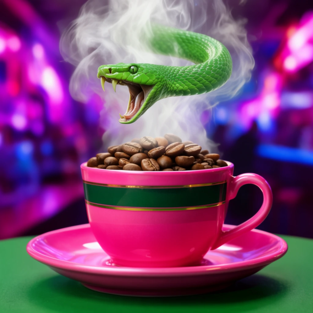 A vibrant pink cup filled with roasted coffee beans rests on a matching saucer atop a green surface. Thick white steam rises from the beans, morphing into a bright green, open-mouthed snake suspended in mid-air with bared fangs. The glossy cup features a dark green horizontal stripe with gold borders. The background is heavily blurred, displaying intense neon magenta, purple, and blue lights resembling a dynamic nightlife setting. The composition features surreal digital art with high contrast.