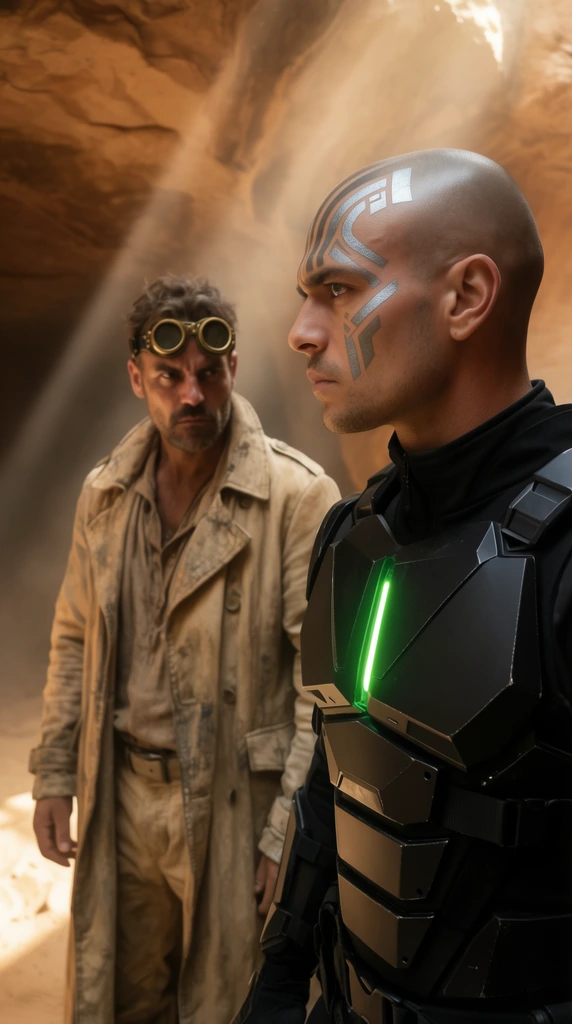 Two men engage in a tense standoff within a sun-drenched sandstone cavern. In the crisp foreground, a bald man featuring silver geometric facial tattoos stands in sharp profile. He wears matte black tactical stealth armor, illuminated from below by a bright neon green vertical light strip integrated into his chest plate. He looks left with a hardened, intense gaze. In the soft-focus background, a rugged companion wearing a heavily weathered, sand-colored trench coat and brass goggles rests in the shadows, staring back with a severe expression. Dramatic shafts of warm, dusty sunlight cut through the cave, highlighting the rough mineral textures and the sleek, angular metallic plating of the foreground armor in a cinematic composition with a shallow depth of field.