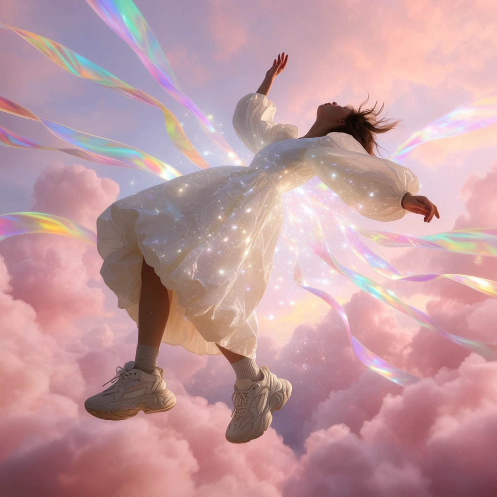 A figure in a puffy white dress and chunky sneakers falls backwards through a pastel sky of fluffy pink clouds. Luminous sparkles radiate from her body alongside floating iridescent rainbow ribbons, creating an ethereal surrealist aesthetic with soft sunset lighting and dynamic mid-air suspension.