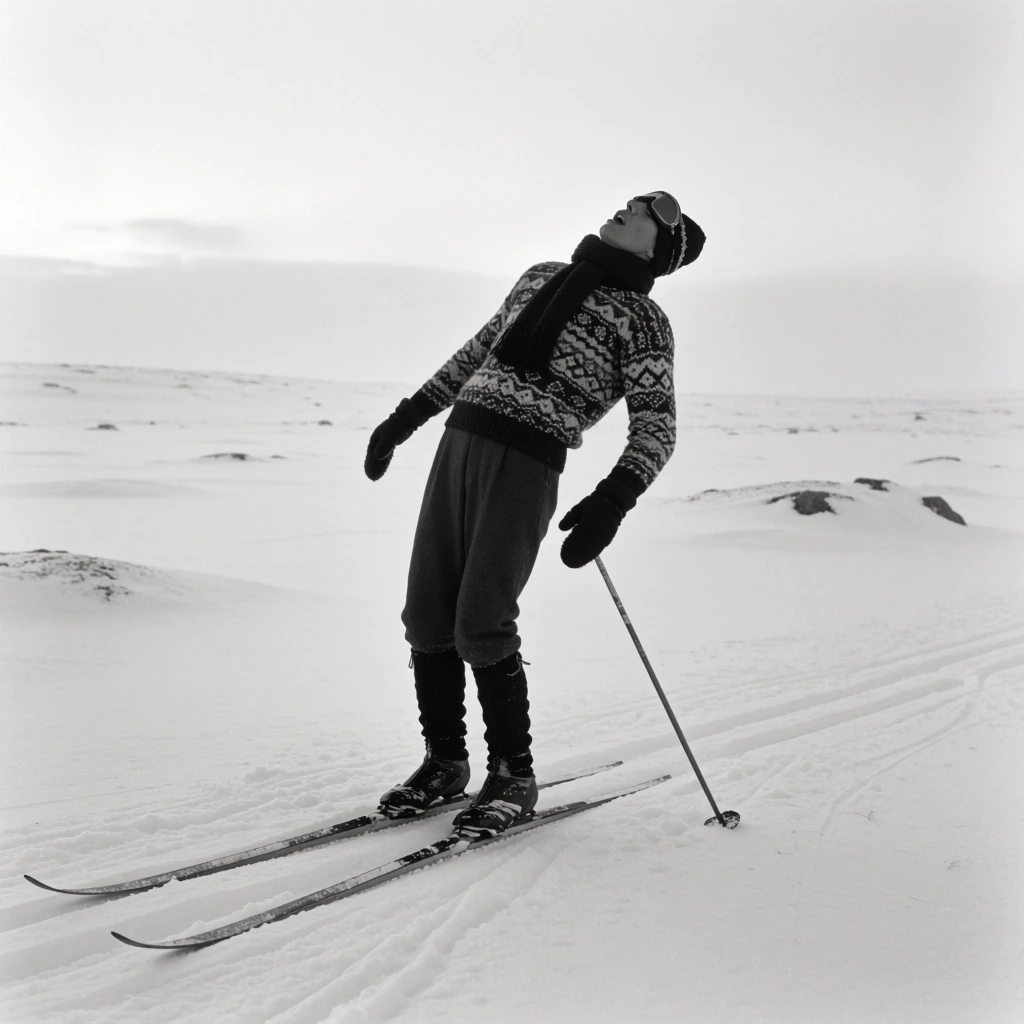 A monochromatic photograph of a cross-country skier leaning back dramatically in a vast, snow-covered expanse. The figure tilts their head toward the hazy, overcast sky with mouth slightly open. They wear a geometric patterned knit sweater, dark trousers over heavy gaiters, thick mittens, a bulky scarf, and a beanie with goggles pushed up onto the forehead. The skier stands on narrow skis, balancing casually on a single ski pole planted in the snow. Faint tracks and scattered dark rocks interrupt the smooth, minimalist white landscape stretching toward a low horizon line. The high-contrast black-and-white composition emphasizes the intricately patterned dark clothing against the immense, pale, softly diffused environment.