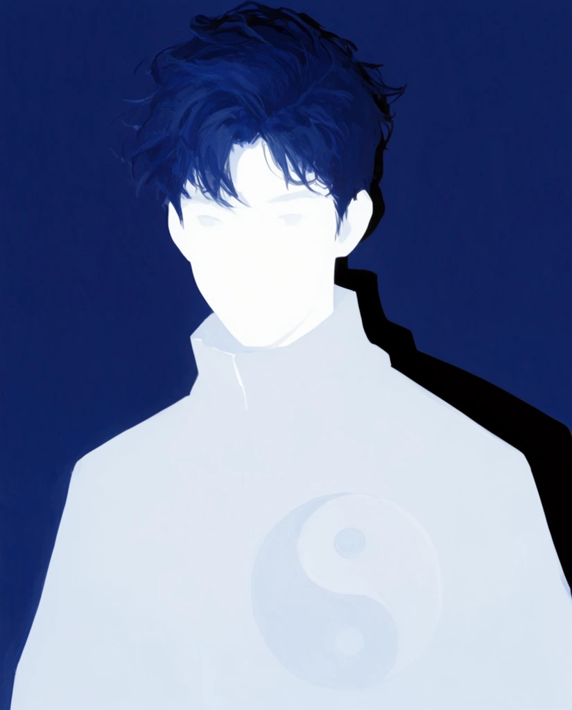 minimalist digital portrait of a young man, blinding white skin and high-collared jacket blending seamlessly into a pale foreground, featureless face with faint eyes, messy dark blue hair, faint yin-yang motif on chest, deep navy blue upper background, sharp black shadow cast behind shoulder, stark high-contrast duotone palette