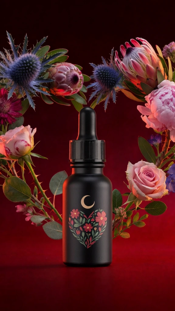 straight, eye-level shot of a black 30 ml dropper bottle. Behind the dropper bottle is an arrangement of foliage and flowers shaped into a heart Flowers should include protea, peonies and roses with thistle. The background color is a deep red. Highly detailed