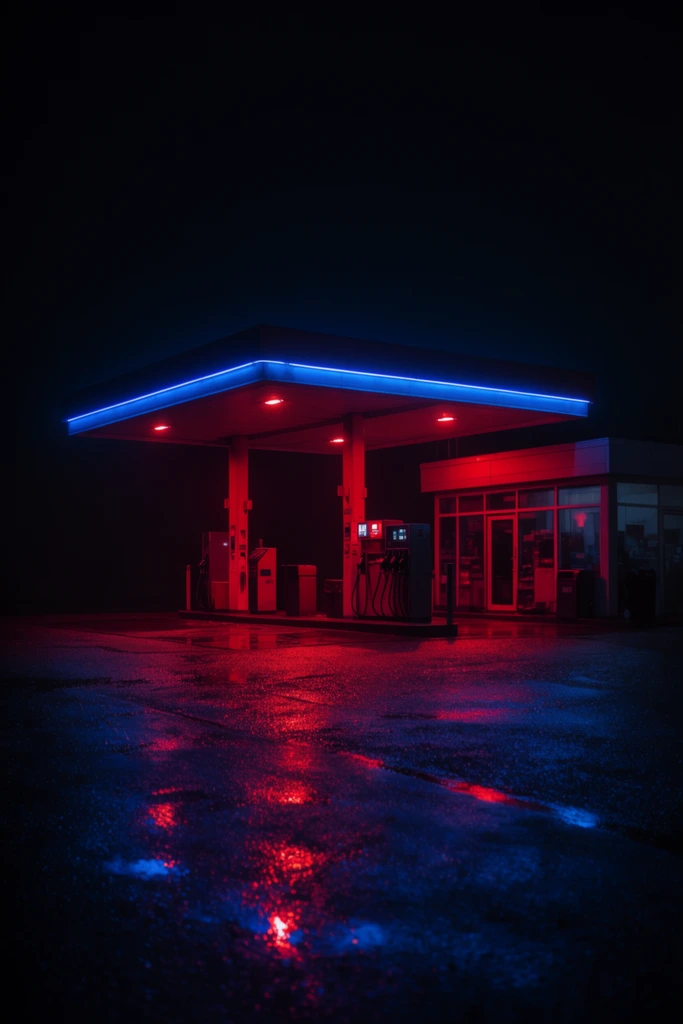 A solitary gas station stands isolated against a pitch-black night sky, dramatically lit by intense, contrasting neon colors. A flat canopy supported by thick pillars shelters fuel dispensers and a small, glass-fronted building to the right. A brilliant blue neon strip borders the canopy's upper edge, while the underside and surrounding pump area are drenched in deep, saturated crimson light. The foreground consists of wet, textured asphalt that mirrors the stark red and blue illumination in glowing, scattered reflections. The cinematic composition emphasizes deep shadows, moody isolation, and a vibrant, high-contrast neon-noir aesthetic.