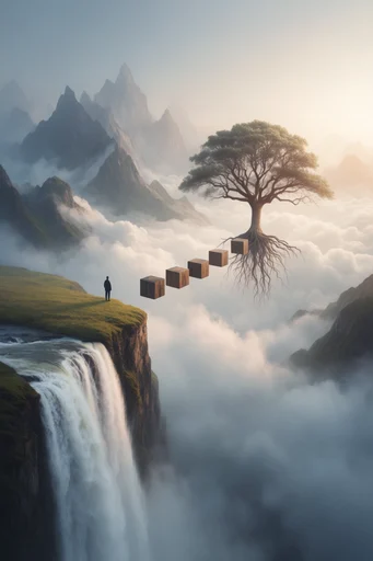 Oneiric Geometric Surrealism style reference image — crisp digital illustration