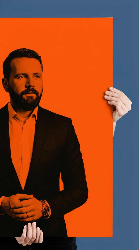 Two hands grip the right edge and bottom of a large, vertical orange poster against a solid slate blue background. The poster's left side displays a high-contrast dark duotone portrait of a bearded man in a dark suit and light shirt. He looks thoughtfully off-camera with clasped hands, revealing a ring and metallic wristwatch. The dark shadows of his portrait stand out sharply against the vibrant, solid orange expanse that fills the remainder of the layout.