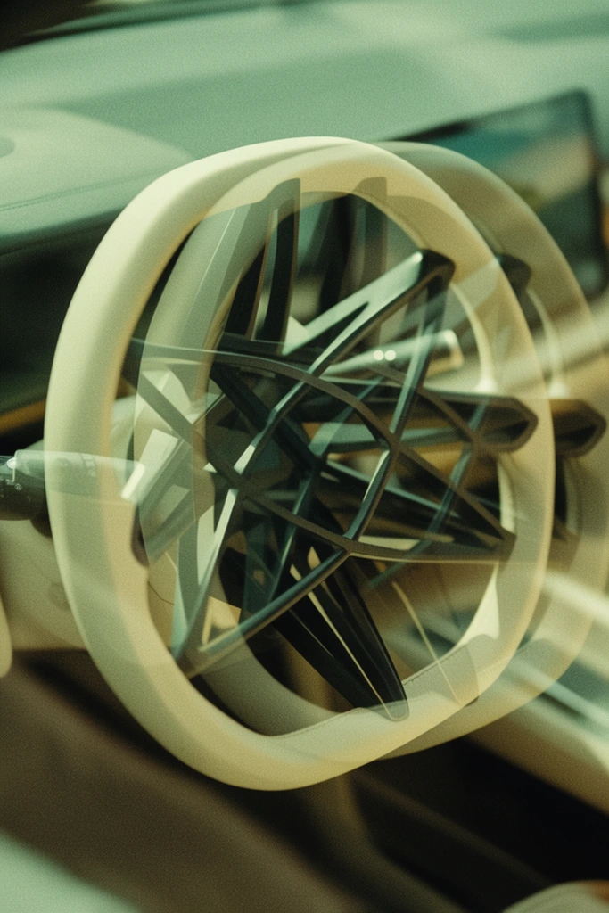 close-up of an avant-garde cream-colored steering wheel, complex geometric dark intersecting spokes, multiple exposure photography creating overlapping transparent layers, heavy analog film grain, muted cinematic color grading with a vintage green tint, shallow depth of field, blurred abstract automotive interior