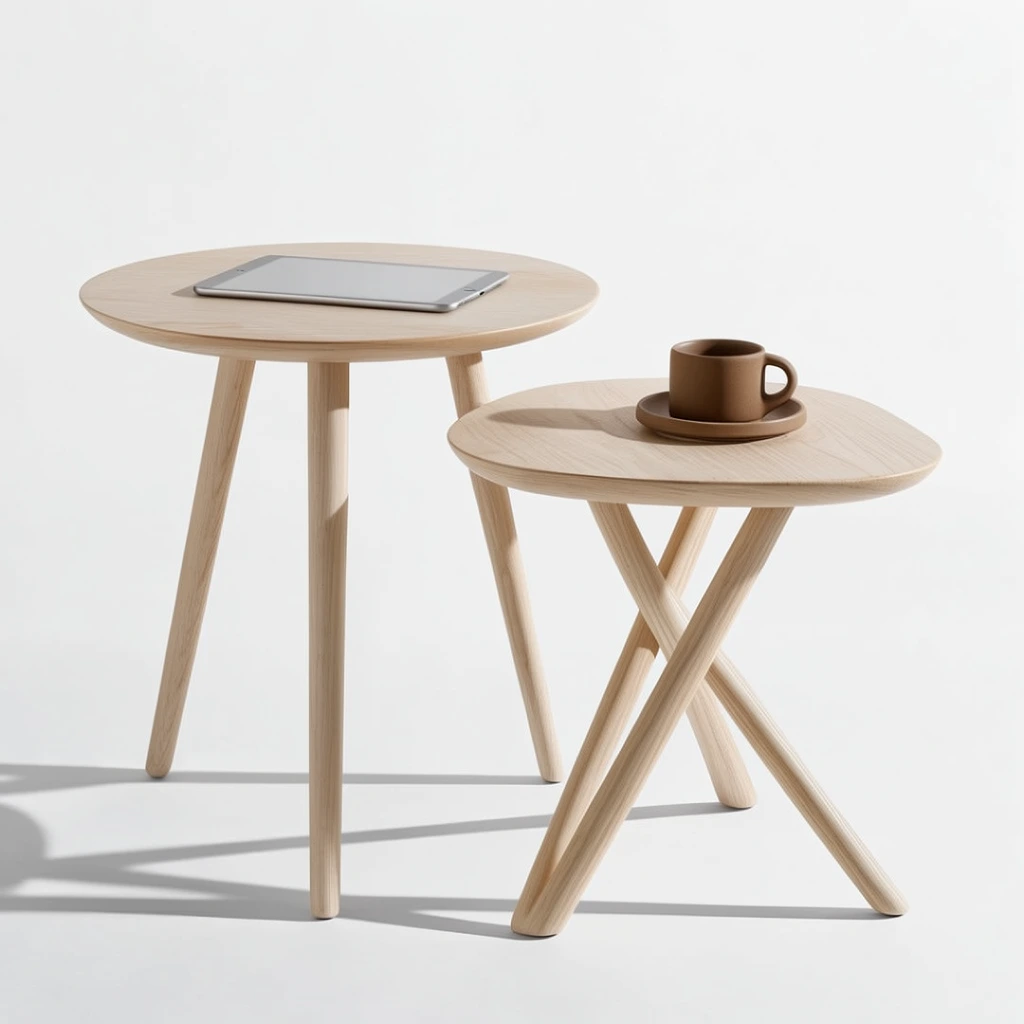 Two minimalist light ash wood side tables stand against a seamless white background. The taller left table features a circular top and three tapered legs, supporting a flat silver tablet. The shorter nested table has an organically shaped top and crisscrossed legs, holding a matte brown ceramic mug on a matching saucer. Crisp directional lighting from the right casts elongated gray shadows onto the white floor in this clean, high-key product photography setup.