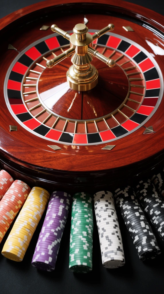 An overhead close-up of a polished mahogany roulette wheel on a matte black surface. A gleaming brass turret with a four-spoked handle sits centrally, encircled by alternating red and black slots. The glossy wooden track features small diamond-shaped metal deflectors. Radiating outward along the bottom edge are tightly packed cylindrical stacks of casino chips in coral, yellow, purple, green, white, and black. Cinematic lighting creates sharp specular highlights on the brass and lacquered wood, while a shallow depth of field softly blurs the outer chips.