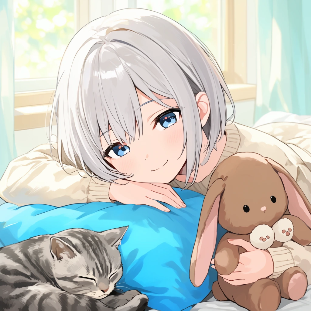 anime girl with short silver hair resting head on crossed arms, gentle smile, holding brown plush bunny, sleeping grey tabby cat, bright blue pillow, sunlit window, cozy atmosphere
