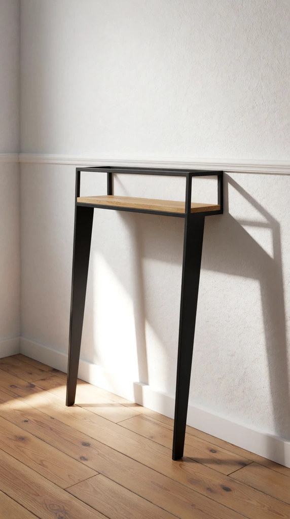 A minimalist two-legged console table leans against a stark white wall in a sunlit corner. The furniture features a thin matte black metal frame forming a hollow rectangular upper section that supports a light-toned wooden shelf. Two slender, elongated front legs angle downward to the floor, relying on the wall for rear stability. The table rests on light brown wooden floorboards detailed with natural grain and knots. A white dado rail runs horizontally across the textured white walls. Strong directional sunlight from the left creates a bright patch on the lower wall and casts a sharp, angular geometric shadow of the metal frame across the right wall, emphasizing the skeletal modern structure within a sparse, bright interior environment.
