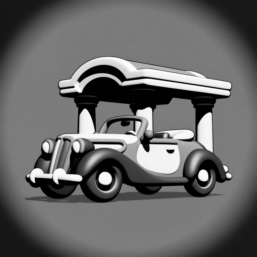 A stylized 3D sculpture of a convertible car parked in front of a hotel entrance, designed in a vintage 1930s rubber-hose animation aesthetic and rendered strictly in a high-contrast monochromatic palette of black, white, and gray. The convertible features exaggerated, bulbous proportions, a deeply curved chassis, oversized rounded tires, and thick fenders, resting beneath a stylized, arching hotel marquee with plump pillars. Stark, cel-shaded lighting casts hard-edged, pitch-black shadows that sharply contrast with crisp white highlights and smooth gradient gray mid-tones, giving the elements the smooth, matte finish of a painted vinyl designer toy. The centered arrangement sits entirely isolated against a minimalist, medium-gray background characterized by a heavy, smooth circular vignette that darkens toward the outer edges. A distinct, uniform film grain texture overlays the entire composition, emphasizing the retro, graphic interplay of the bold, curving shapes and stark tonal contrasts.