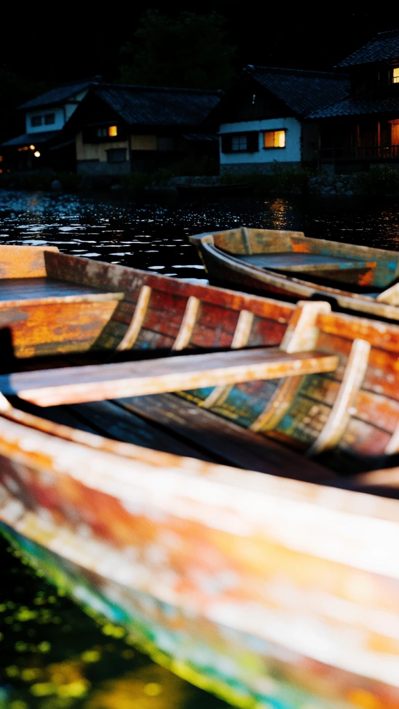 gritty nighttime flash photography, harsh on-camera flash creating deep high-contrast shadows and stark specular highlights, a dark shimmering river, weathered wooden rowboats moored along a grassy bank, traditional houses in the background with warm yellow light glowing from windows, a raw candid aesthetic with visible digital grain, vibrant saturated colors against deep black voids, hyper-realistic textures, immersive perspective, lo-fi paparazzi style, cinematic atmosphere