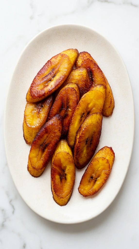 An overhead shot of caramelized fried plantain slices clustered on an off-white oval plate. The diagonally cut pieces feature glossy golden-yellow centers and deeply browned, crispy edges. A single slice sits slightly detached. The lightly crazed ceramic plate rests on a white marble surface with faint grey veining. Soft, bright lighting highlights the syrupy, textured surface of the cooked fruit in this minimalist food photography composition.