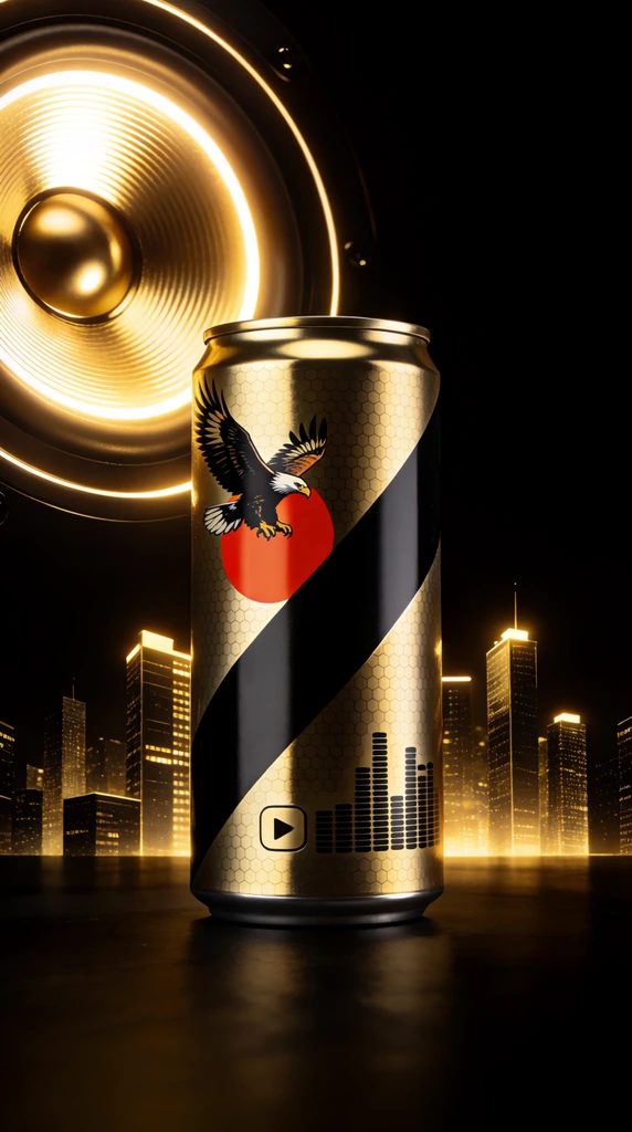 A metallic gold and black beverage can stands prominently against a dramatic, glowing nightlife-inspired backdrop. The cylindrical container features a textured hexagonal honeycomb pattern, bisected by a sharp diagonal black band. Graphical elements decorate the packaging, including an illustration of a soaring eagle over a solid red circle, an audio equalizer graphic, and a small play button icon. The object rests on a glossy dark surface. Behind it stretches a stylized illuminated gold skyline of high-rise buildings emerging from pitch blackness. In the upper left, a massive luminous circular design resembling a glowing speaker cone emits bright golden light, casting stark highlights onto the metallic cylinder. The scene is rendered in a sleek product photography style utilizing a high-contrast palette of deep blacks and radiant amber golds.