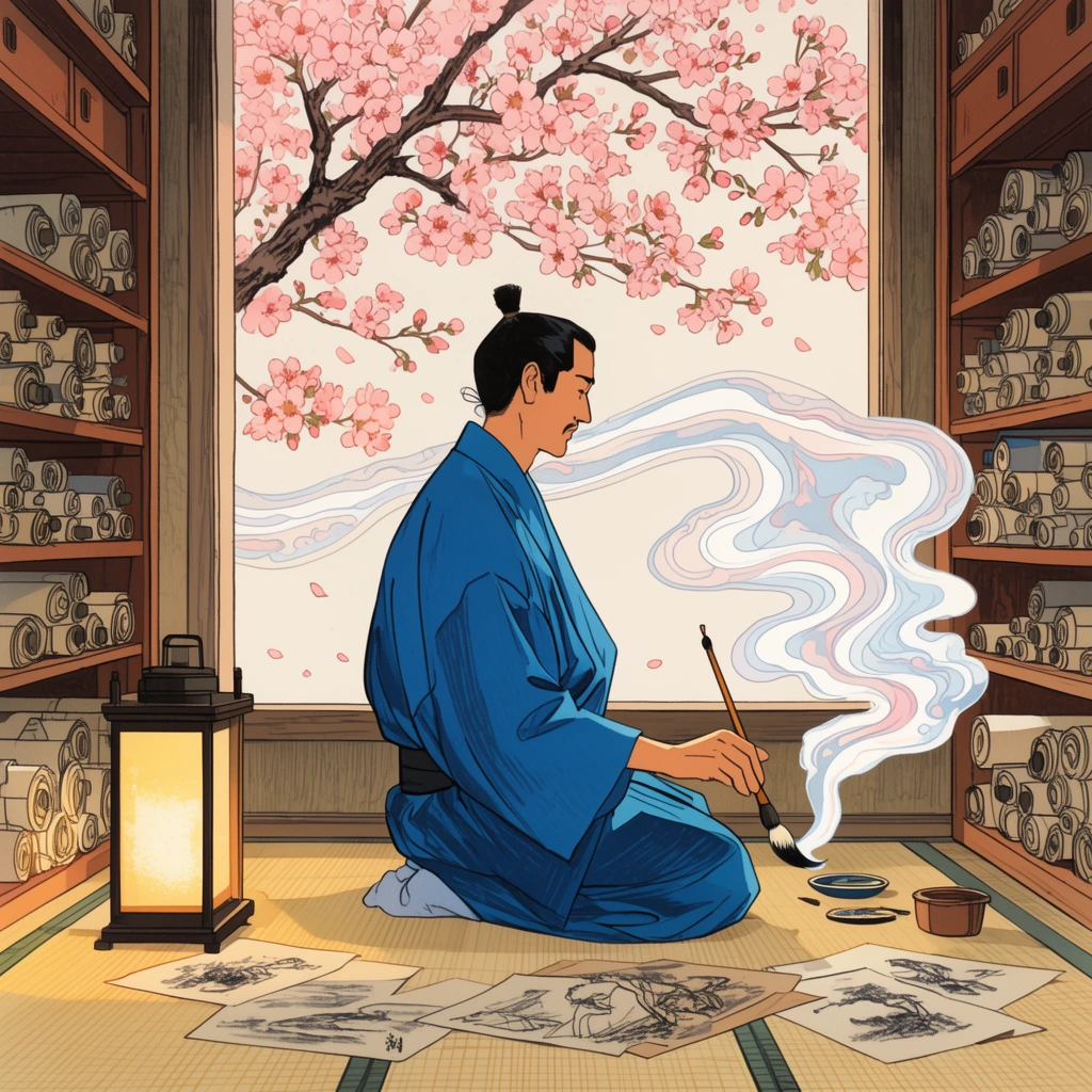 An artist in a blue kimono sits on a tatami mat, painting with a brush that emits a swirling ribbon of stylized smoke. Wooden shelves packed with scrolls flank him. Scattered sketches and a glowing lantern rest on the floor. A large background window frames a cherry blossom tree. The graphic illustration features clean linework, traditional woodblock aesthetics, soft pastel tones, and warm lighting.