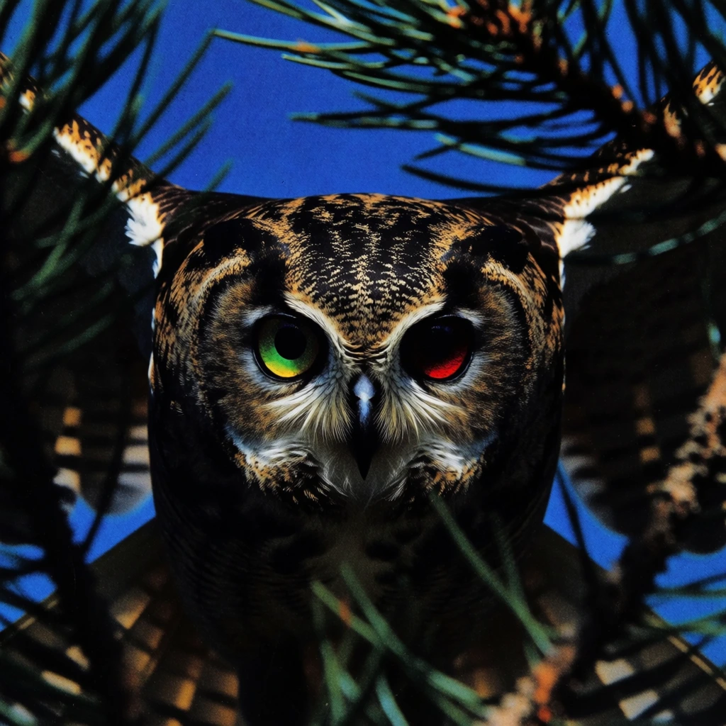 extreme close-up of an owl in flight over a dark forest, seen through a dense layer of sharp serrated pine needles, piercing iridescent emerald and mahogany eyes, dramatic chiaroscuro lighting with deep crushed blacks, saturated prussian blue sky, heavy tactile analog film grain, pushed ektachrome color grade, high-contrast graphic composition, hyper-defined feather textures, surreal minimalist editorial wildlife photography.