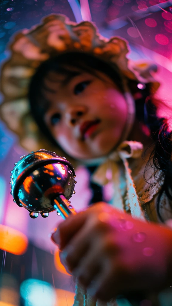 low-angle macro photography, young girl in a vintage bonnet holding a metal rattle, extreme shallow depth of field focusing on wet textures and metallic glints, vibrant cyan and orange neon reflections on water droplets, cinematic night atmosphere, heavily blurred background of abstract bokeh city lights in magenta and indigo, high contrast, grainy film texture, impressionistic aesthetic, rain-slicked details, dreamy neon noir lighting, saturated colors, soft focus.