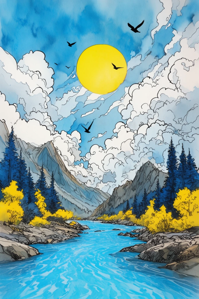 A vibrant landscape illustration features a bright cyan river flowing through a rocky valley beneath a towering, dynamic sky. The fluid blue sky is packed with voluminous white clouds detailed with thick black outlines, a massive yellow sun, and soaring bird silhouettes. Jagged mountains rise behind riverbanks dotted with deep blue evergreen trees and vivid yellow foliage. The artwork blends soft watercolor texture washes with precise graphic black ink linework, creating a striking composition dominated by brilliant cyan and bright yellow.