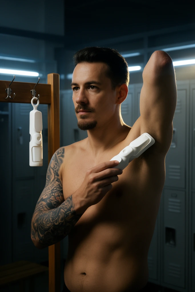 A shirtless man with a goatee and a heavily tattooed right arm stands in a dimly lit locker room, holding a specialized white applicator across his chest to his left underarm. His left arm ends above the elbow. He gazes off-camera with a focused expression. An identical white applicator hangs by a hook from a wooden rack beside him. The softly blurred background features rows of grey metal lockers and cool horizontal light fixtures. Cinematic photography creates a crisp rim light along his profile and right shoulder, contrasting his warm skin tones against the moody, cool-toned environment.