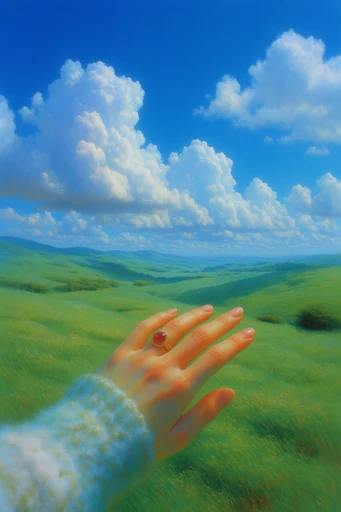 Ethereal Pastoral Dreamcore style reference image — colossal fluffy cumulus clouds
