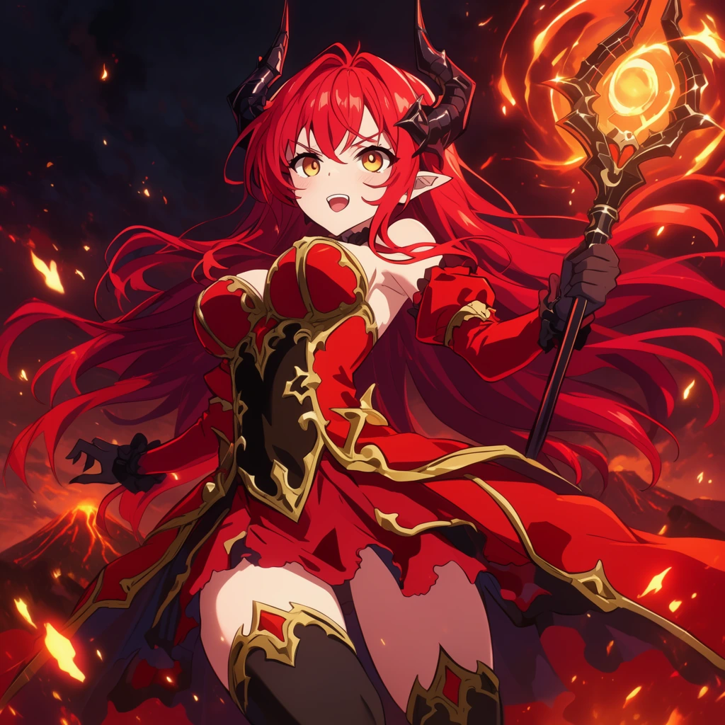 anime demon girl, flowing crimson hair, amber eyes, obsidian horns, red and gold gothic dress, wielding a glowing magical staff, dynamic low-angle pose, floating embers, dark volcanic background, flying sparks, vibrant anime illustration style