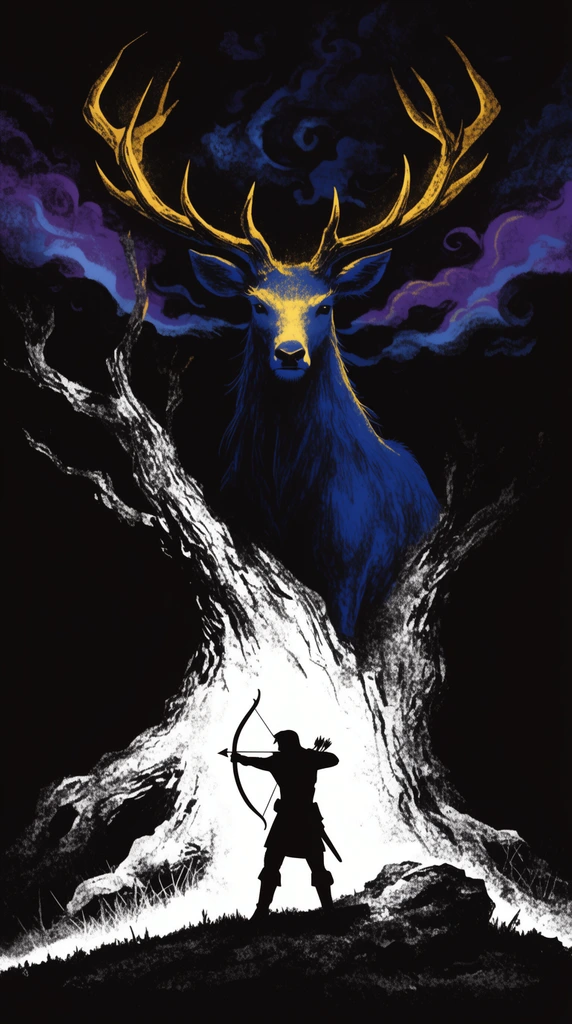A high-contrast dark fantasy illustration of a silhouetted archer aiming a bow at a colossal, ethereal stag emerging from behind a gnarled tree. The towering stag features a deep blue body and massive, glowing golden antlers. Radiating yellow light from the stag's face illuminates the tree's rough bark against a pitch-black background. Swirling purple and blue mystical clouds drift above. The graphic artwork employs a limited palette of black, white, blue, and gold with rough stippled shading.