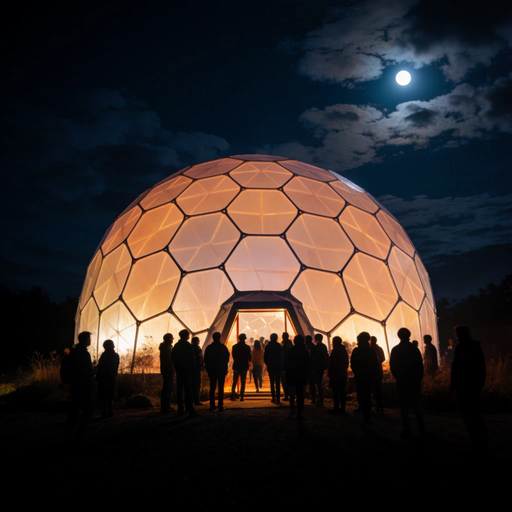 glowing geodesic dome at night, warm illuminated hexagonal panels, silhouetted crowd gathered at entrance, dark ground, bright moon, scattered clouds, atmospheric night photography
