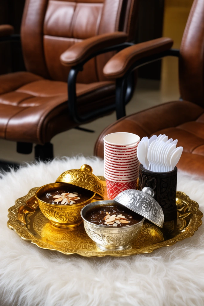An ornate scalloped gold tray rests on a plush white faux-fur surface, holding two intricately embossed bowls, one gold and one silver. The half-open bowls contain a dark brown viscous dessert garnished with almonds. Alongside them sits a stack of red-and-white patterned paper cups and a dark carved holder filled with white plastic spoons. Tufted brown leather office chairs with black metal frames fill the softly blurred background under warm ambient lighting.