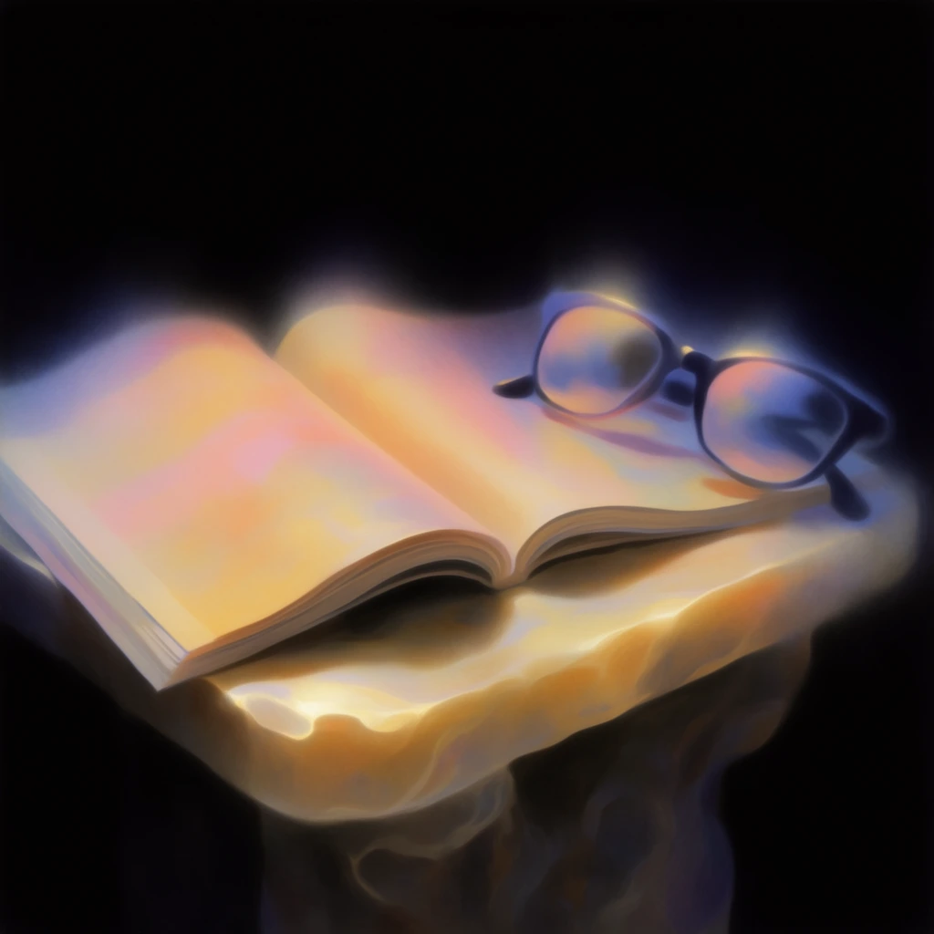 An open magazine and a pair of resting glasses sit atop a stone table, rendered in a softly blended, ethereal digital painting style emerging from a pure pitch-black void. The open magazine features glowing, gently curving pages illuminated by iridescent gradients of warm gold, soft peach, and pale pink. Beside the publication, the glasses reflect the same dreamy luminescence, their frames and lenses defined by deep indigo shadows and hazy, airbrushed halos of ambient light. The stone table supports the arrangement with smooth, flowing, luminescent ridges catching golden highlights, its deeper textures sinking into the surrounding velvety darkness. The composition employs a soft-focus, pastel-like technique with fluid, smudged color transitions, creating a high-contrast chiaroscuro effect where the subjects appear to emit an inner, vibrant, atmospheric glow against the absolute black background.