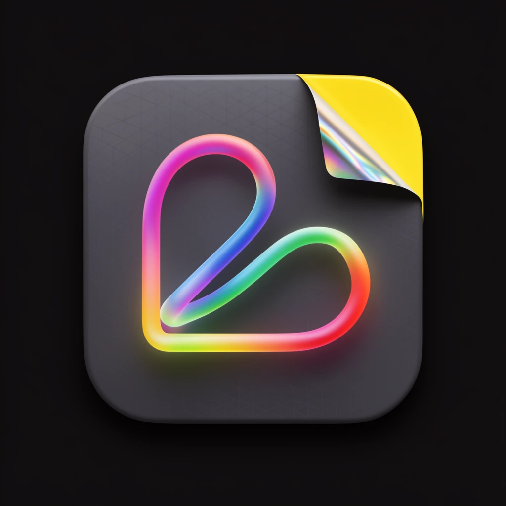 A 3D digital icon on a solid black background featuring a dark gray rounded square base with a subtle geometric grid. Centered is a tubular, glowing neon rainbow gradient line looping into an abstract folded shape. The top right corner displays a bright yellow peeling sticker effect, folded downward to reveal a glossy iridescent underside. Soft lighting highlights the smooth modern textures and dimensional drop shadows.