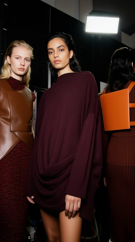 two fashion models backstage looking directly at the camera, central dark-haired model wearing an oversized draped ribbed deep burgundy tunic, adjacent blonde model in a structural asymmetrical brown leather vest over a textured dark red dress, third model turned away displaying a ribbed outfit with a rigid rectangular orange back harness, dark backstage environment with black paneled walls, bright rectangular LED studio light, backstage documentary fashion photography, stark flash lighting, deep shadows, rich earthy color palette