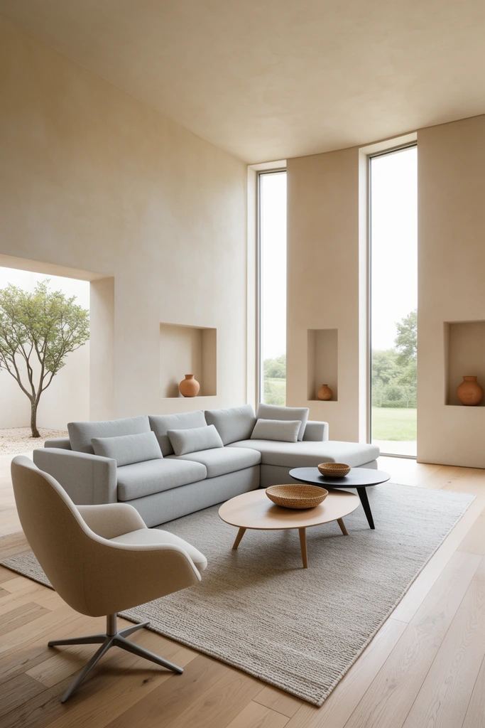 minimalist modern living room, light gray L-shaped sectional sofa on a textured area rug, nested light wood and dark oval coffee tables with woven bowls, beige swivel lounge chair, light oak flooring, warm beige plaster walls featuring recessed niches and terracotta vases, tall narrow windows framing a green landscape, architectural opening revealing a courtyard tree, soft diffused natural daylight, wide-angle interior photography, serene neutral color palette