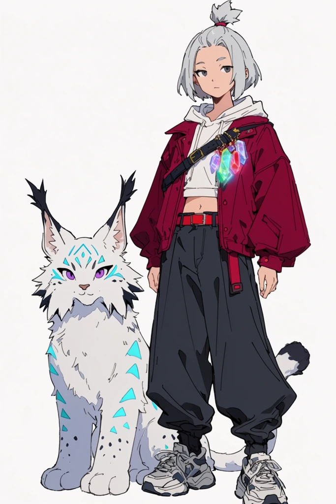 anime-style illustration of a young person standing next to a fluffy white lynx creature, character has short silver hair with a topknot, wearing a loose crimson jacket over a cropped white hoodie, baggy dark grey pants, red belt, chunky sneakers, cross-body strap holding glowing crystals, companion creature has long tufted ears, purple eyes, cyan triangular markings on its fur, flat colors, clean ink linework, plain white background, digital art, casual streetwear fashion, cel-shaded