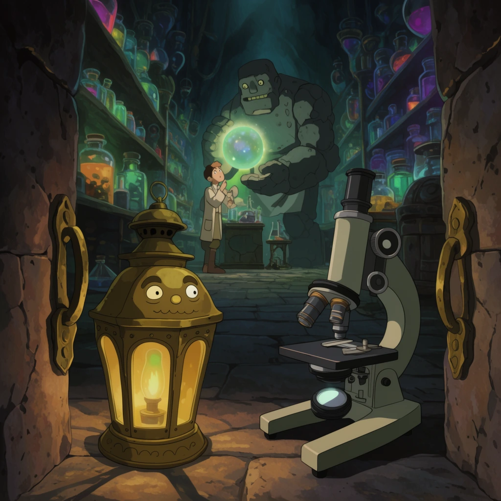 2d animation, sentient brass lantern and microscope peering through stone doors, cavernous alchemical lab background, towering shelves of glowing vials, giant golem and apprentice examining a luminous orb, deep perspective, cinematic lighting