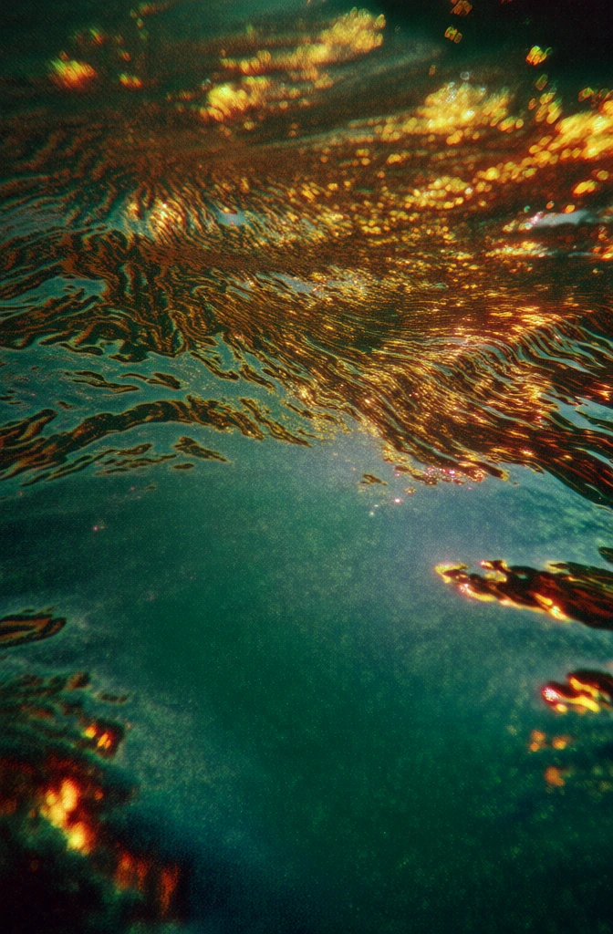 centered single large leaf illustration, technical typographic elements, minute corner icons, heavy analog film grain, high-frequency chromatic noise, deep teal and emerald base tones, shimmering liquid-like golden light caustics, high-contrast amber specular highlights, chromatic fringing, soft-focus halation, lo-fi expired film aesthetic, fuzzy textures, distorted light leakage, ethereal dreamlike rendering, shimmering golden bokeh, atmospheric haze.