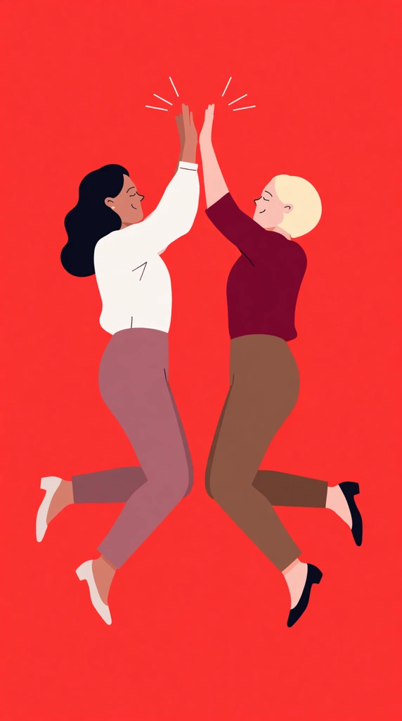 Two women joyfully jump and high-five mid-air against a vibrant solid red background in a minimalist flat vector illustration. The woman on the left features dark wavy hair, a white long-sleeve blouse, and mauve trousers. The woman on the right has short blonde hair, a burgundy top, and brown trousers. Both figures are suspended in energetic leaps with legs bent backward. Their upraised hands meet above, accented by small white radiating motion lines. The corporate flat design aesthetic relies on uniform solid color blocks and simplified facial features using delicate strokes for closed eyes and lips.