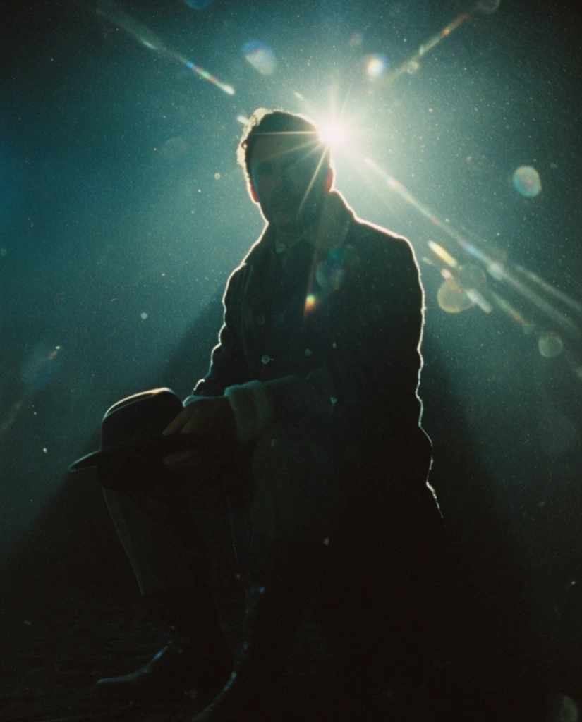 A seated man looking forward, holding a hat in his lap, rendered in deep silhouette against an intense, blinding backlight. He wears a buttoned coat with large cuffs and boots, with sharp rim lighting tracing the contours of his clothing. A radiant, single-point light source positioned directly behind his head creates a sharp starburst effect, scattering glowing optical lens flares, diagonal light streaks, and translucent orbs across the frame. Volumetric light rays pierce through a heavy, dense atmospheric haze, illuminating thousands of suspended dust particles scattered throughout the air. The environment is enveloped in a monochromatic cinematic color palette dominated by deep teals, dark cyans, and impenetrable black shadows. The visual aesthetic strictly replicates raw analogue film photography, featuring heavy textured film grain, optical halation around the luminous highlights, extreme high contrast, and a soft, moody photographic focus.