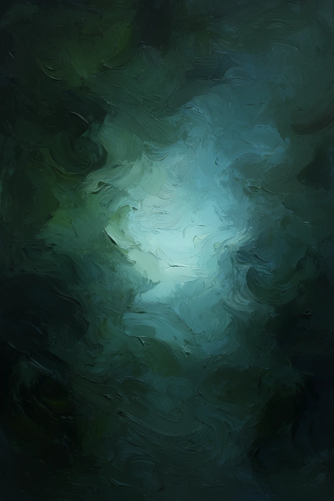 abstract textured painting, thick swirling impasto brushstrokes, dark forest green and deep teal, luminous pale cyan central glow, moody atmospheric shadows