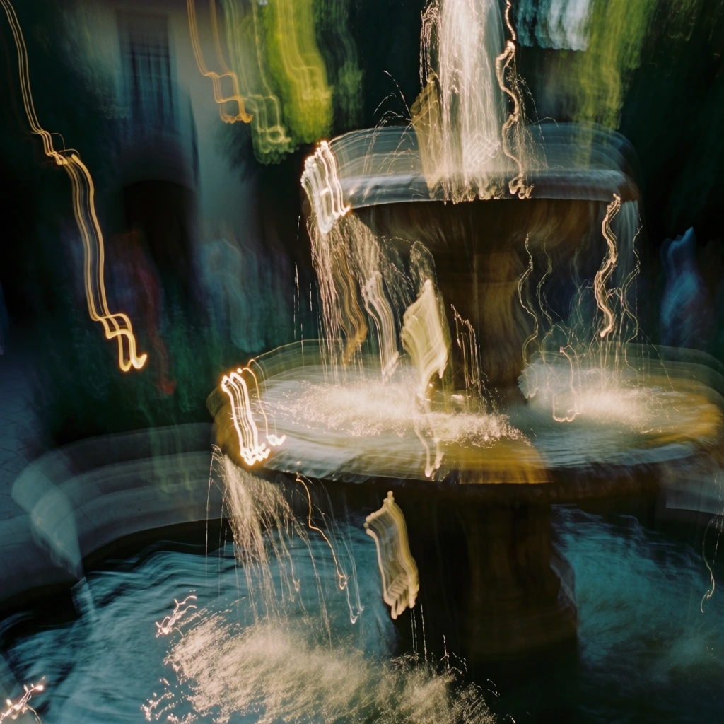 intentional camera movement icm photography, tiered stone fountain with water cascading from upper basin to lower pool, elongated vertical light trails in pale ochre and soft yellow, deep teal and forest green shadows, heavy grain, 35mm film texture, sinuous rhythmic motion blur, painterly impressionism, ethereal kinetic energy, glowing fluid highlights, high-contrast dark values, fluid abstract shapes, soft-focus organic noise, rhythmic swirling patterns