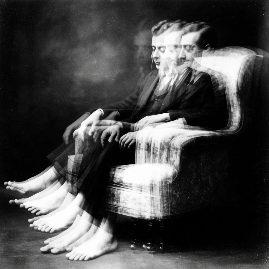 A vintage, high-contrast black-and-white multiple-exposure photograph of a barefoot man sitting in an armchair, rendered as a sequence of overlapping, translucent iterations shifting laterally across the frame. The man and the armchair appear in several distinct, offset layers blending into one another through an in-camera stroboscopic motion effect, producing semi-transparent, overlapping silhouettes. Stark, directional chiaroscuro lighting strikes the man's bare feet, face, and the chair's upholstery, creating brilliant, blooming white highlights that contrast sharply against deep, pitch-black shadows. The overlapping forms dissolve at their boundaries into soft, blurred trails, visually merging the layered exposures into a continuous fluid sweep. The subjects are positioned against a mottled, dark charcoal backdrop that fades into pure black at the edges. The visual treatment replicates an early 20th-century avant-garde silver gelatin print, defined by heavy film grain, stark monochromatic tones, subtle surface dust, and glowing, overexposed highlights on the illuminated skin and furniture textures.